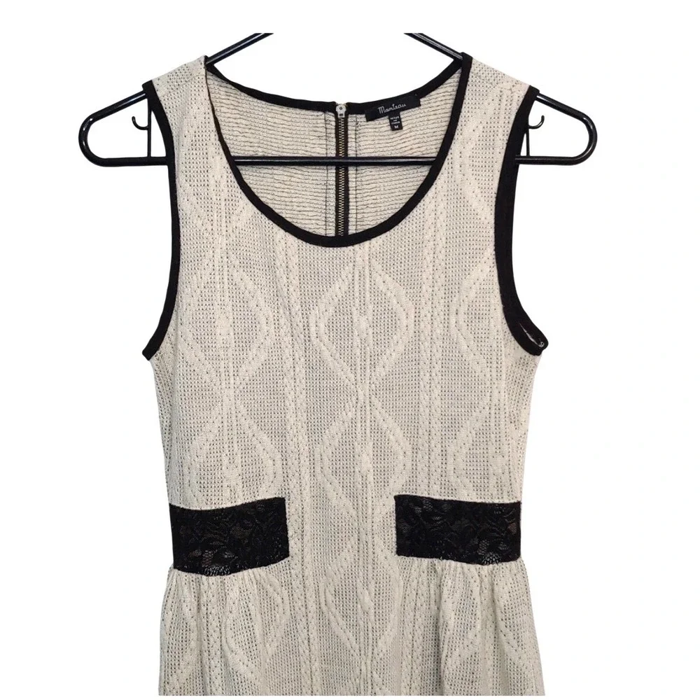Manteau Women Cream Knit Sheer Lace Trim Sleeveless Fit Flare Mini Dress M Beach